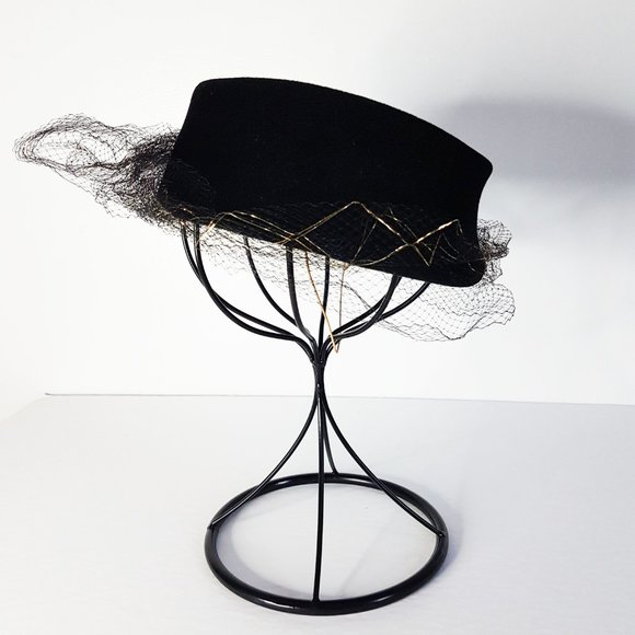 1960s Black Wool Veiled Half Hat, Mid-Century Black Louise Salvail Wool Hat - Picture 4 of 10